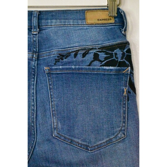 Express Ankle Legging Super High Rise Raw Hem Jeans 4 Stretch Denim Embroidered - Picture 12 of 15